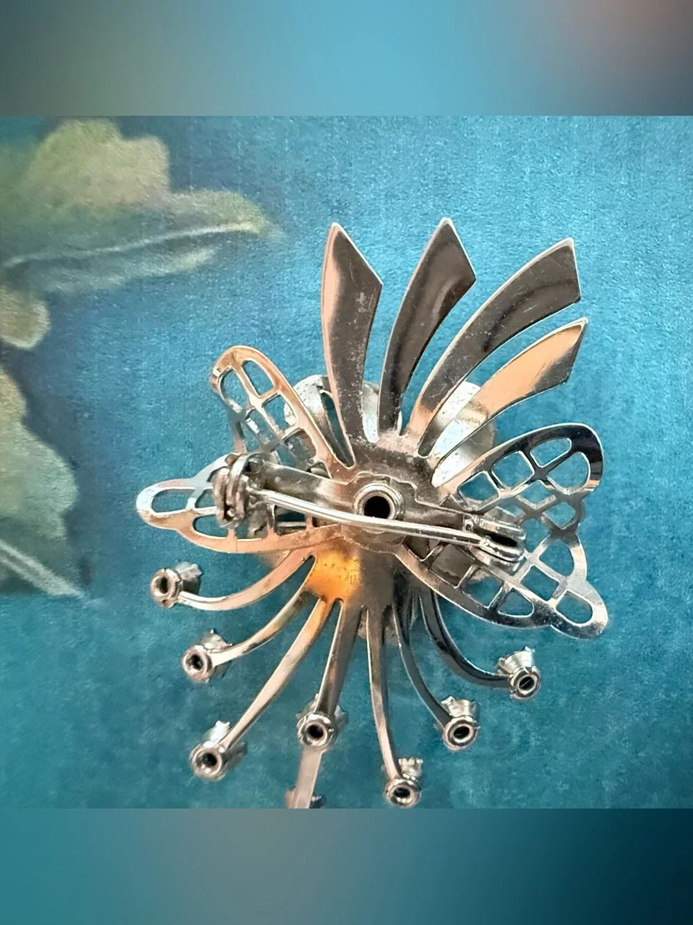 Silver Floral Crystal Brooch - Aqua Petal Accent
